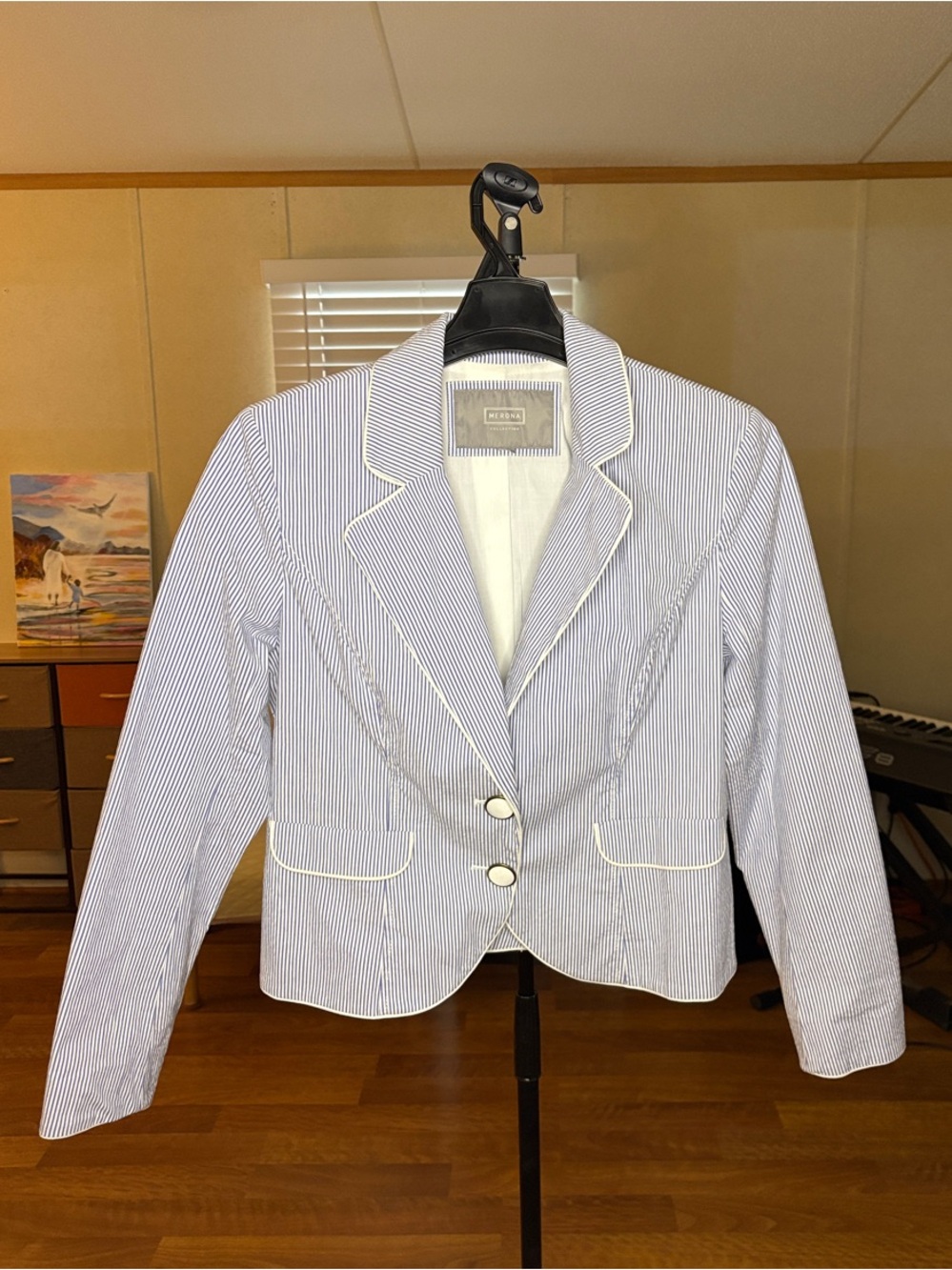 Merona Blue and White Striped Piped Blazer